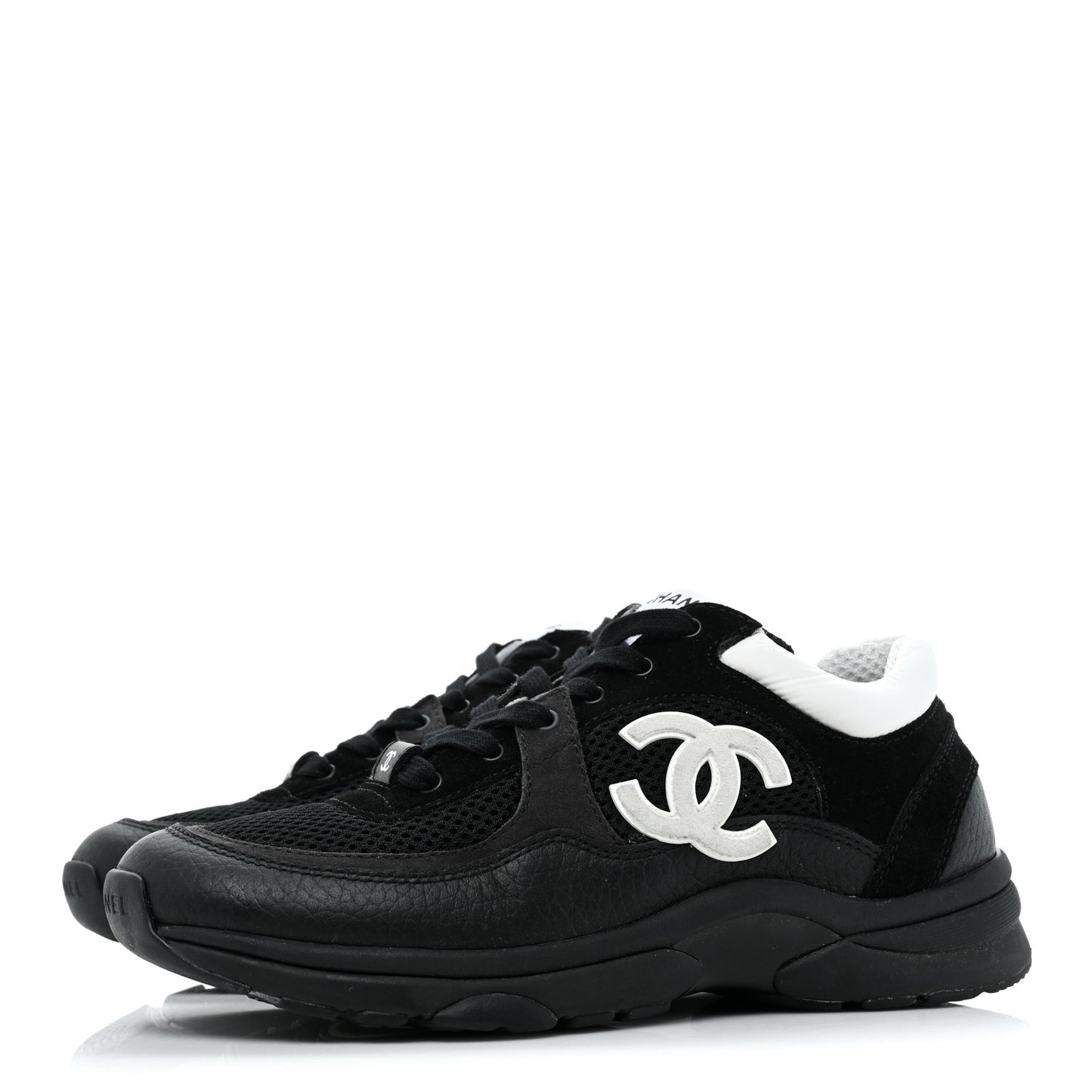 Mesh Suede Grained Calfskin Womens CC Sneakers 37.5 Black White