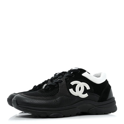 Chanel Mesh Suede Grained Calfskin Womens CC Sneakers 37.5 Black White 3 of 9