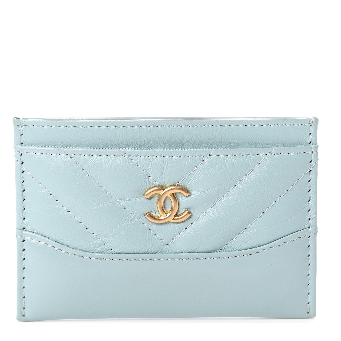 Aged Calfskin Chevron Quilted Gabrielle Card Holder Wallet Light Blue