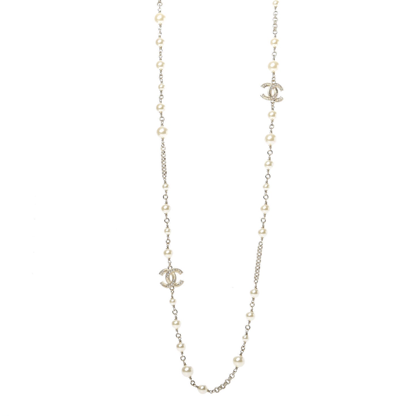 Graduated Pearl Crystal Twisted CC Long Necklace Gold
