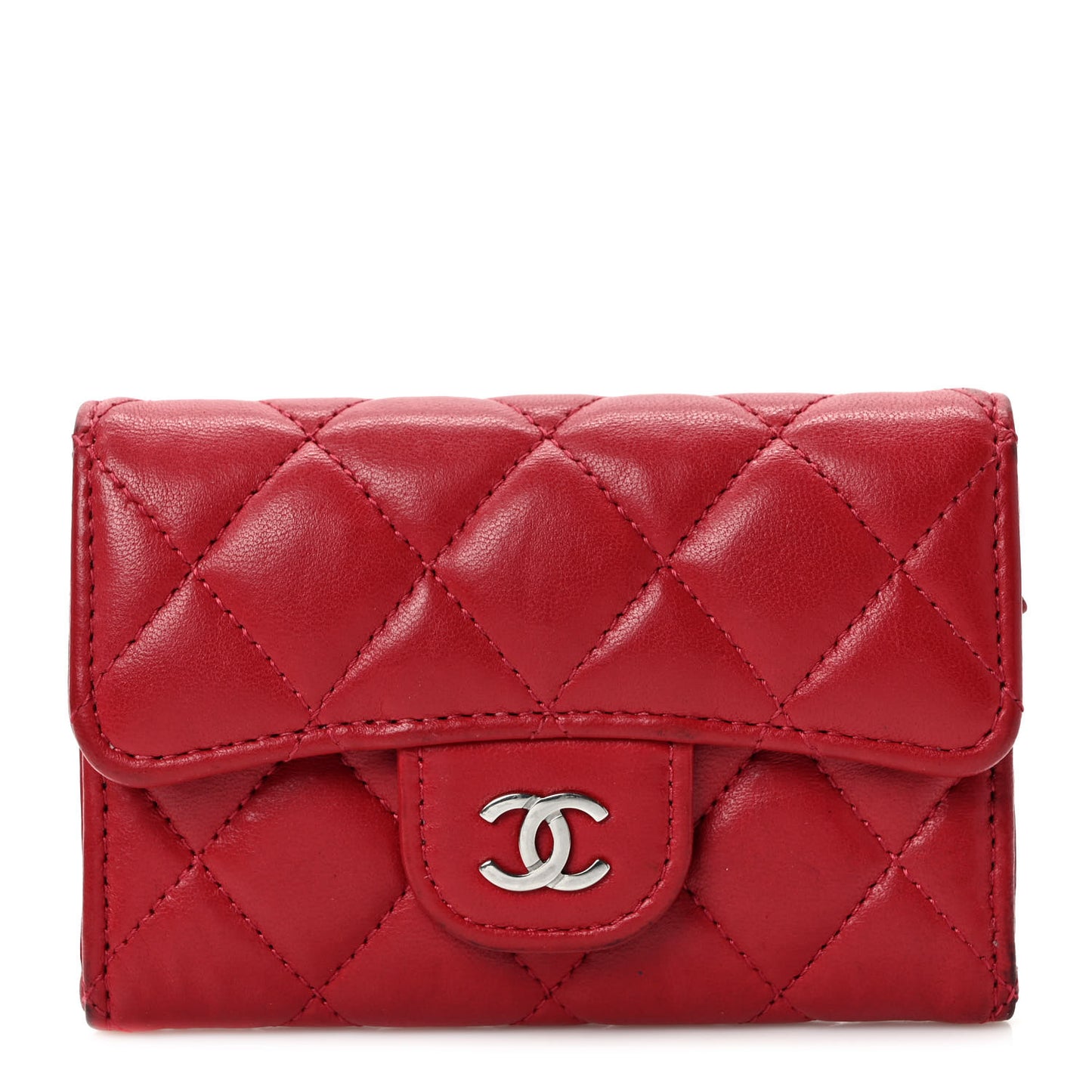 Lambskin Quilted Flap Card Holder Wallet Red