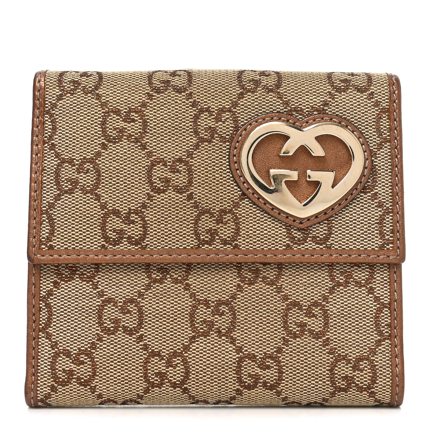 Gucci Metallic Calfskin Monogram Lovely Heart French Flap Wallet Bronze 1 of 7