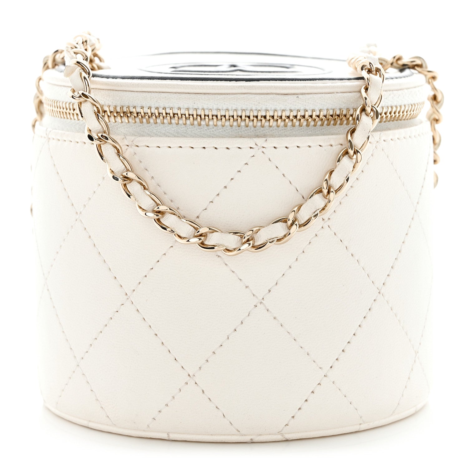 Chanel Lambskin Quilted Round Small Vanity Case With Chain White Black 1 of 15