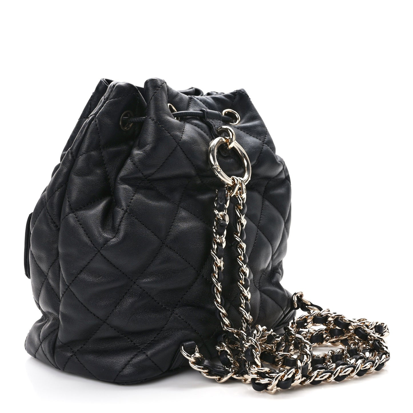 Lambskin Quilted Double Pocket Drawstring Backpack Black