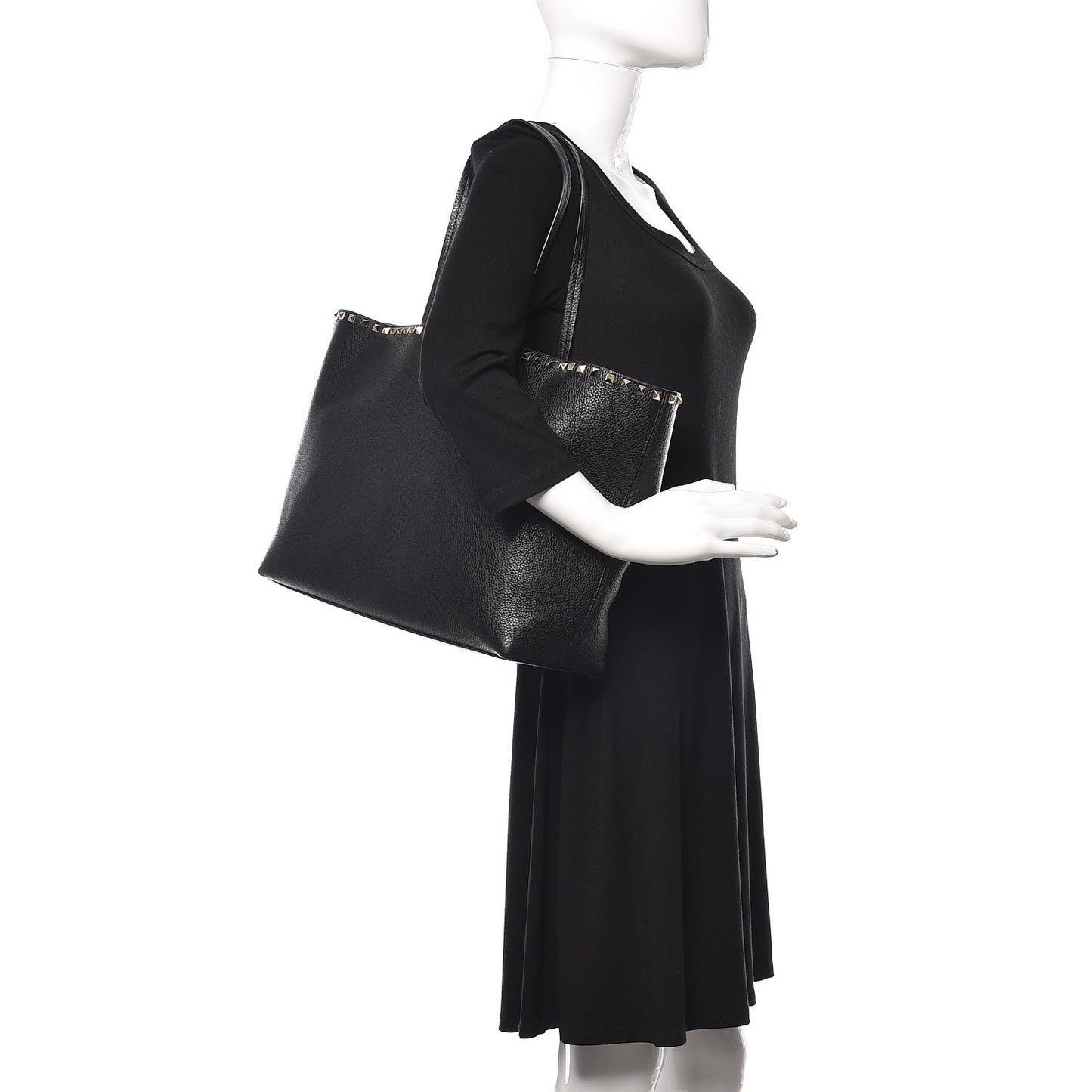 Grained Calfskin Rockstud Shoulder Tote Black