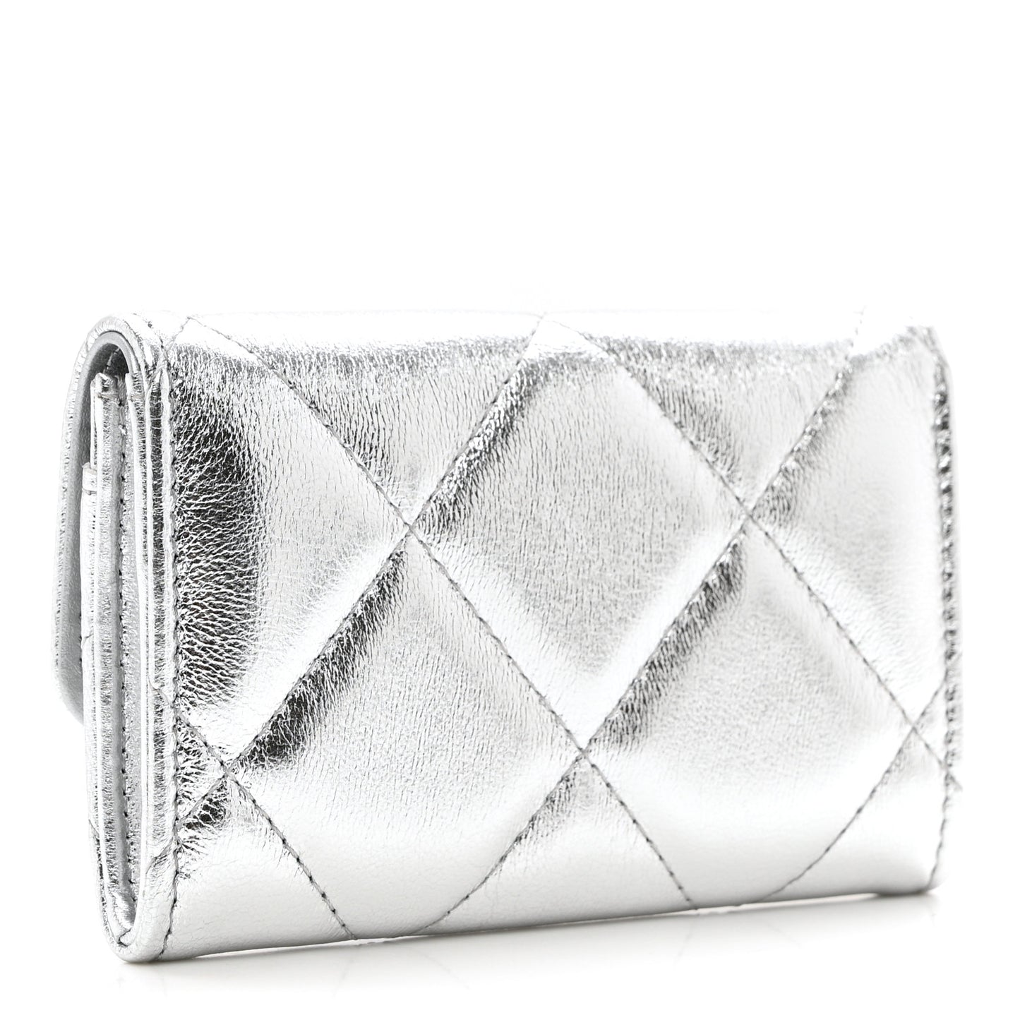 Metallic Goatskin Quilted Chanel 19 Flap Card Holder Silver