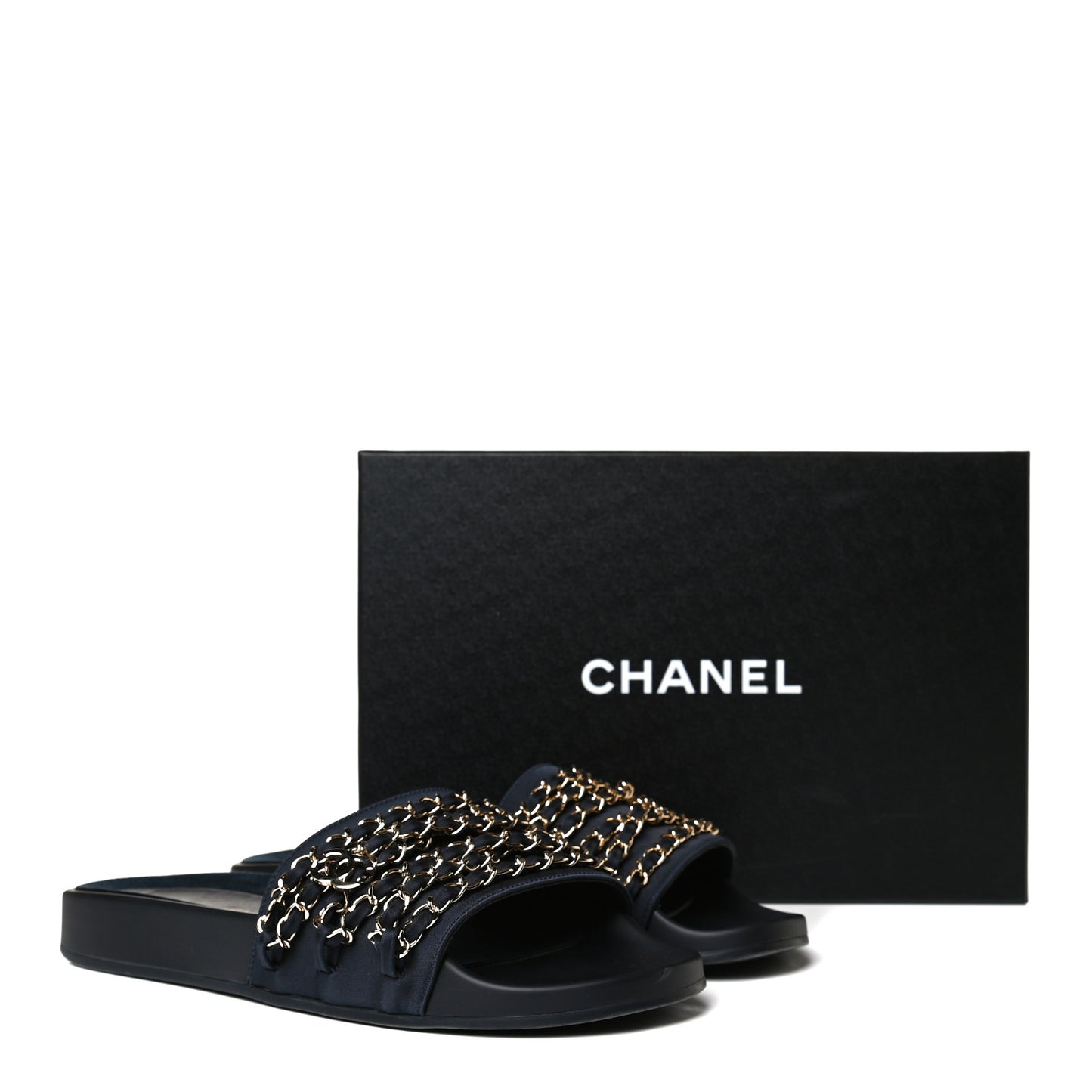 Satin Canvas Chain Slides Sandals Flats 40 Marine