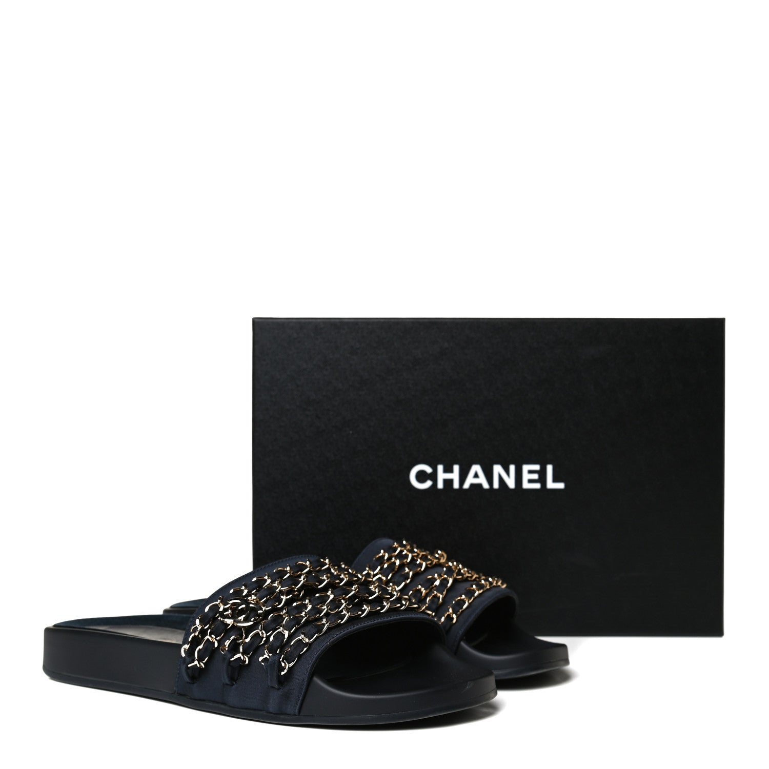 Chanel Satin Canvas Chain Slides Sandals Flats 40 Marine 13 of 13
