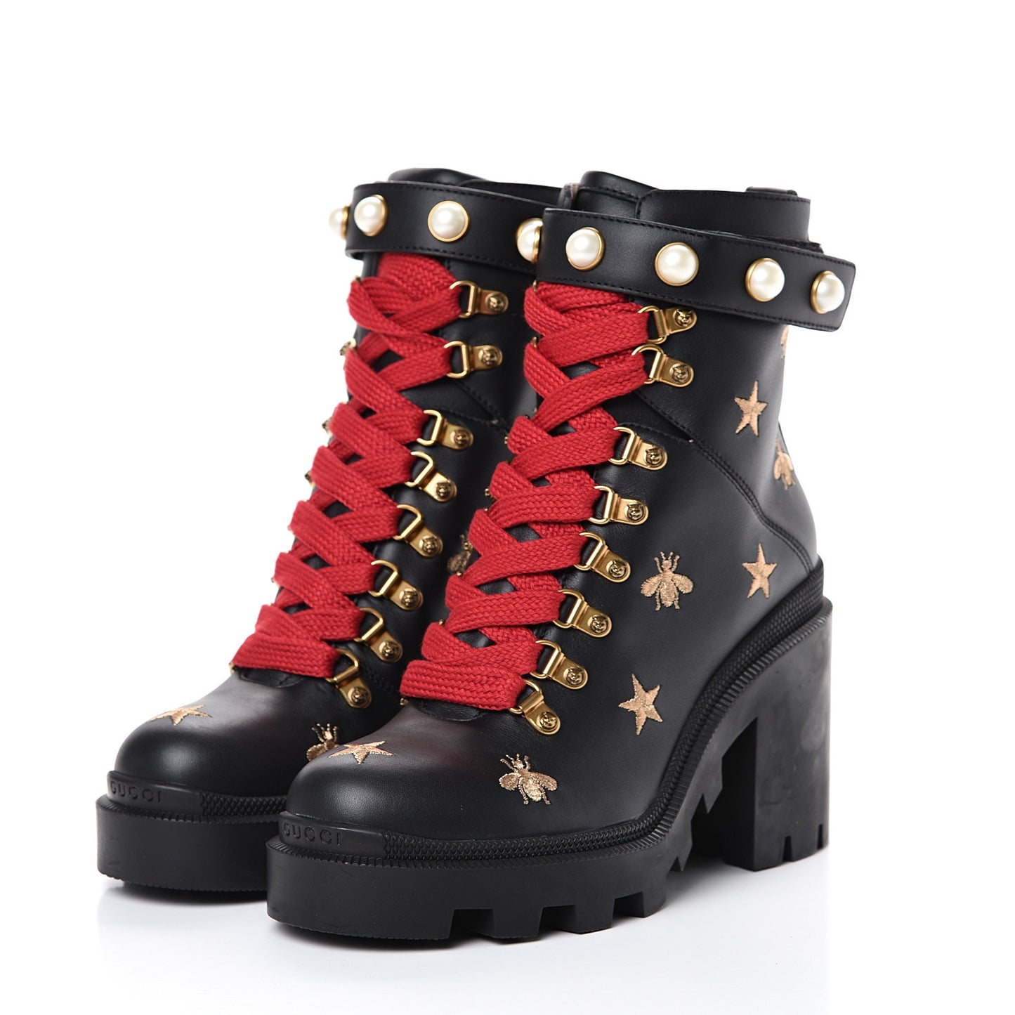 Calfskin Bee Star Embroidered Lace Up Combat Ankle Boots 37 Black