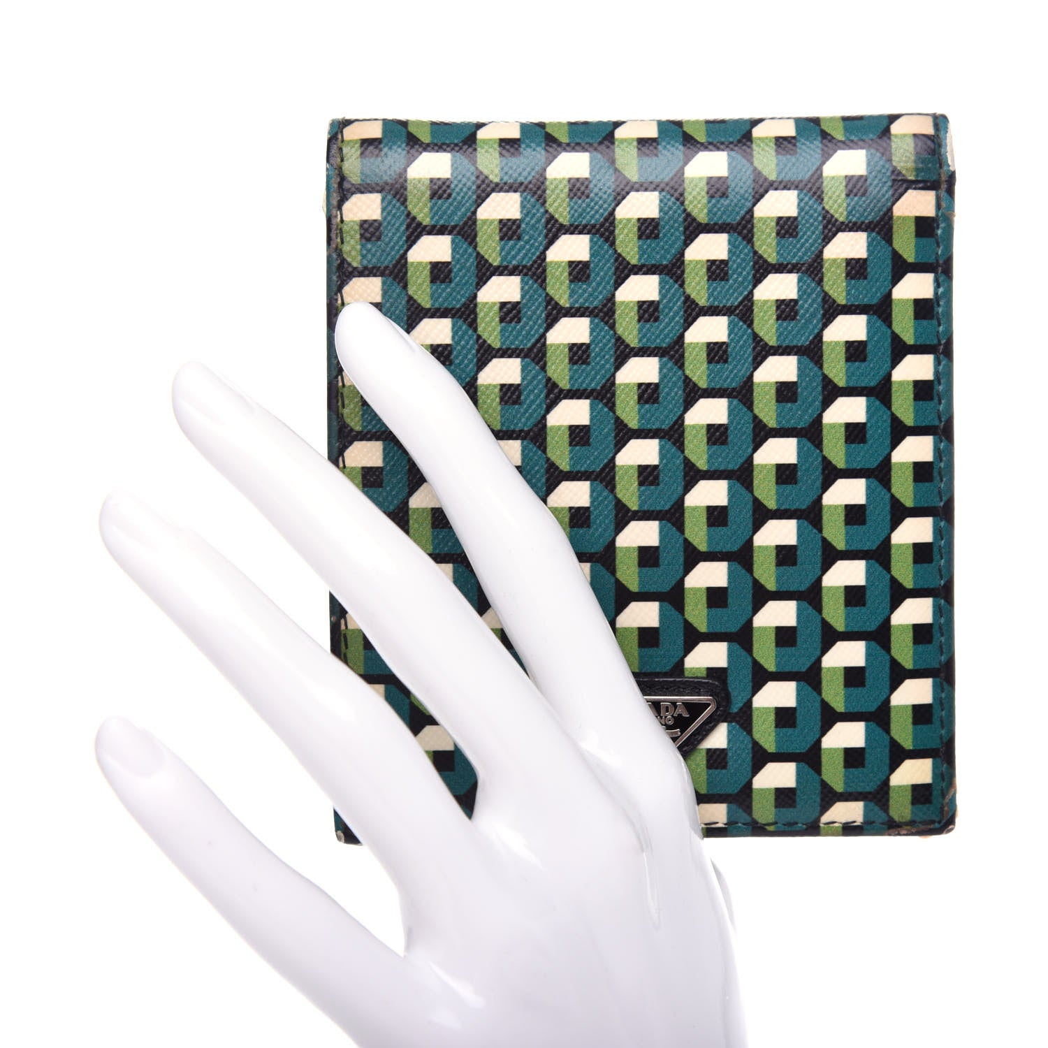 Prada Saffiano Geometric Print Bi-Fold Wallet Smeraldo Dis 2 of 9