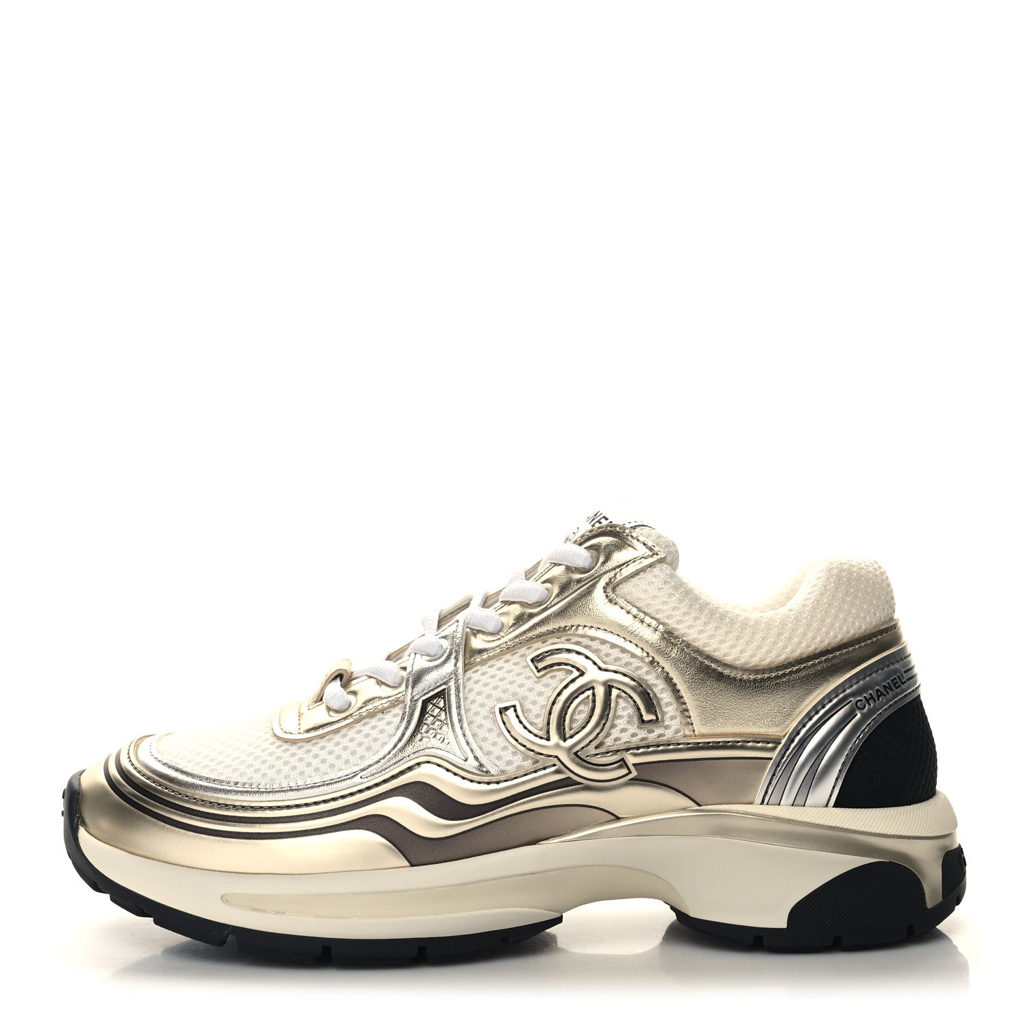 Chanel Fabric Laminated Calfskin Stretch CC Sneakers 39 White Gold Silver 1 of 8
