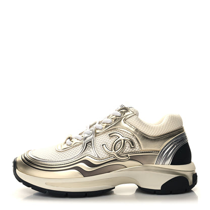 Chanel Fabric Laminated Calfskin Stretch CC Sneakers 39 White Gold Silver 1 of 8