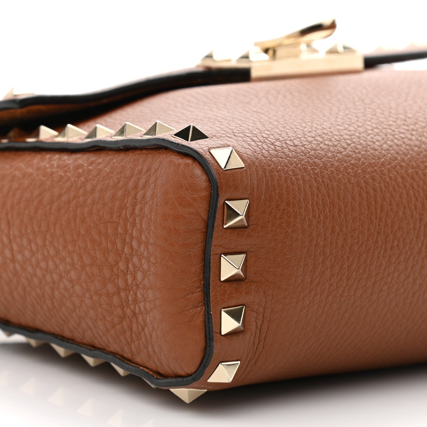 Pebbled Calfskin Rockstud Flip Lock Flap Messenger Saddle Brown