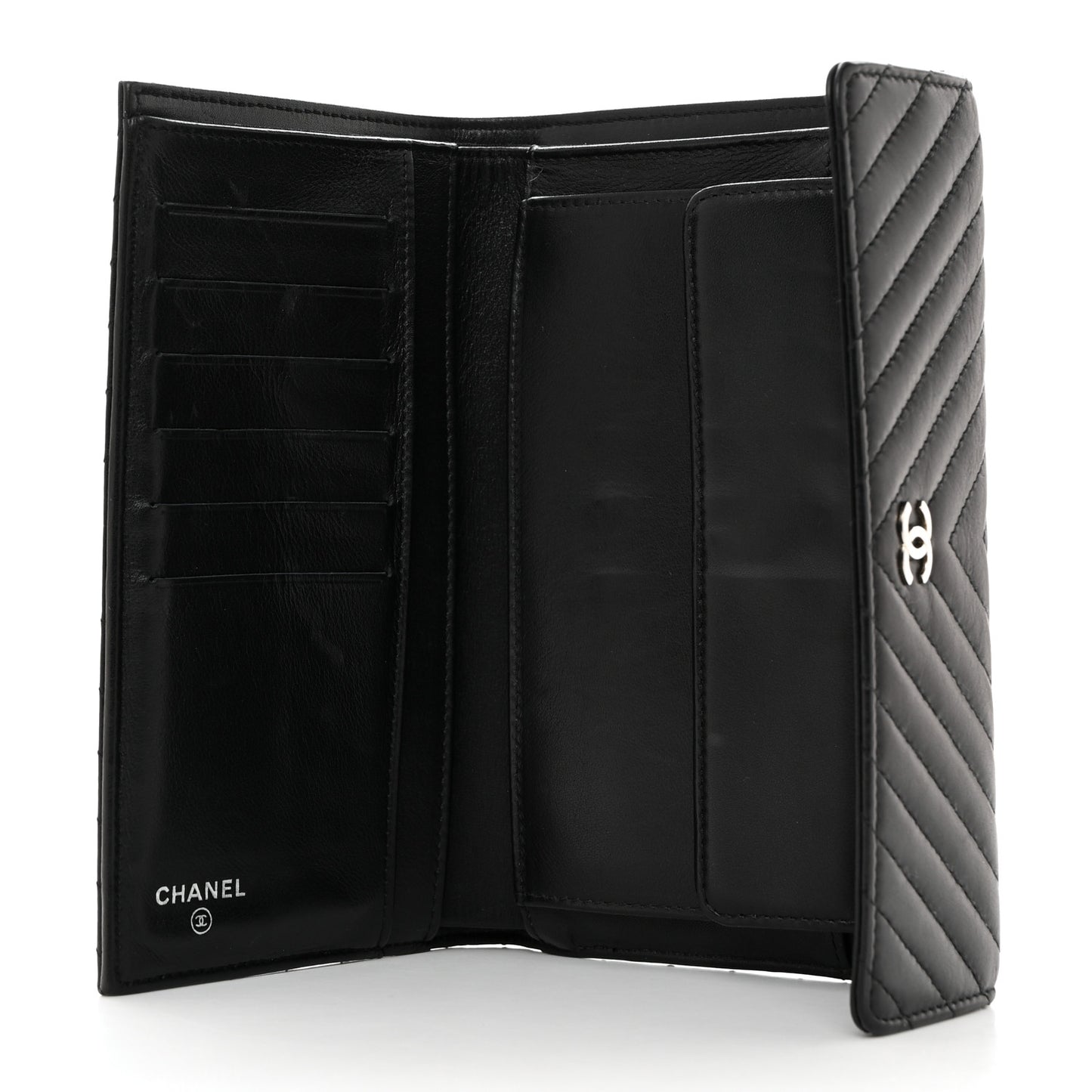 Lambskin Chevron Quilted Large Flap Clutch Wallet Black