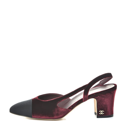 Chanel Velvet Grosgrain Cap Toe CC Slingback Pumps 37 Burgundy Black 1 of 10