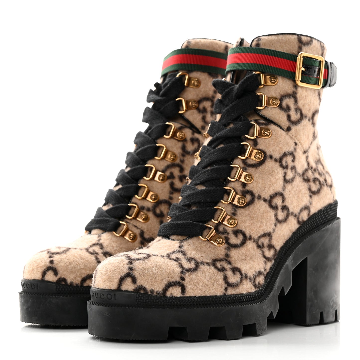 Covered Wool GG Monogram Womens Lace Up Combat Ankle Boots 38 Beige Ebony Black