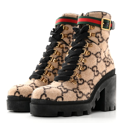 Gucci Covered Wool GG Monogram Womens Lace Up Combat Ankle Boots 38 Beige Ebony Black 3 of 21