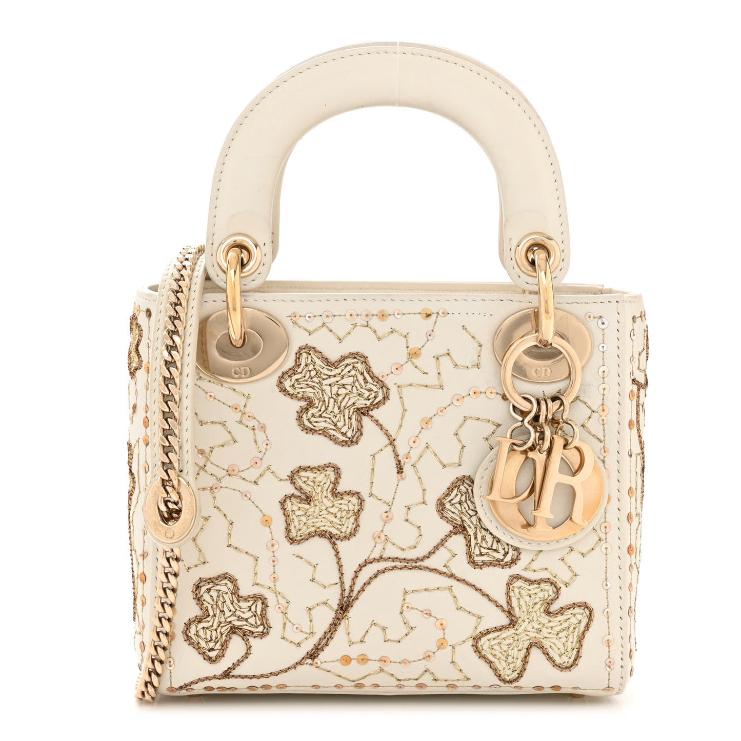 Smooth Calfskin Sequin Embroidered Clover Mini Lady Dior White