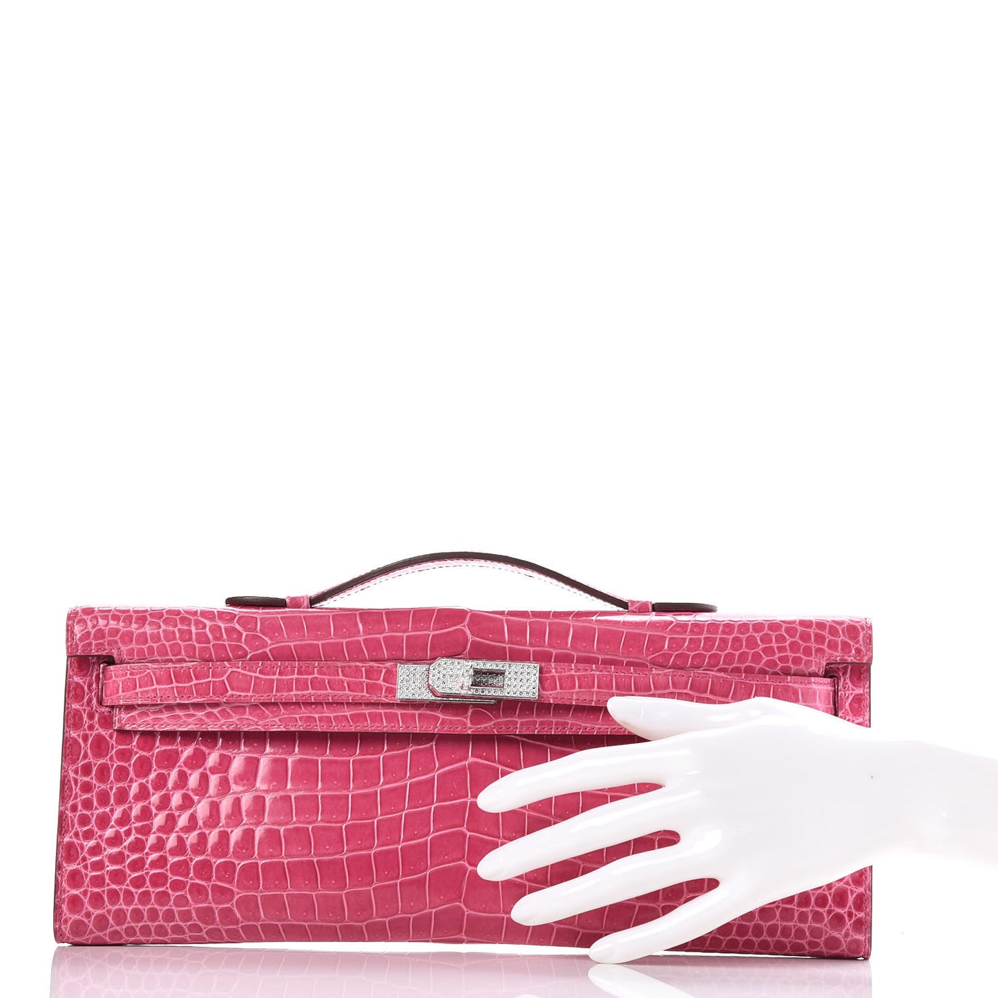 Shiny Porosus Crocodile 18K White Gold Diamond Kelly Cut Pochette Rose Tyrien
