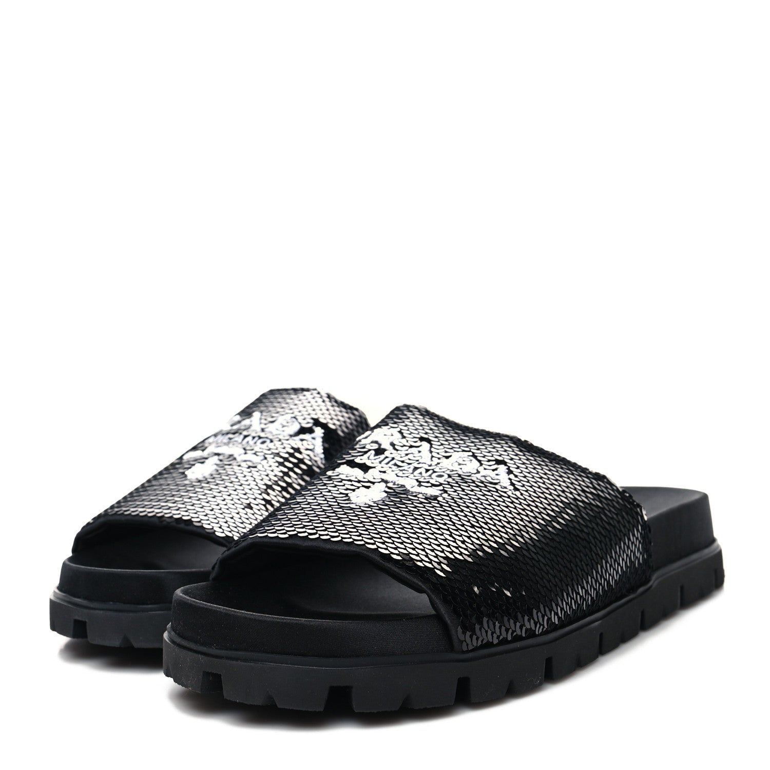 this is an image of a pair of Prada Paillettes Sequin Logo Slide Sandals in black by FASHIONPHILE