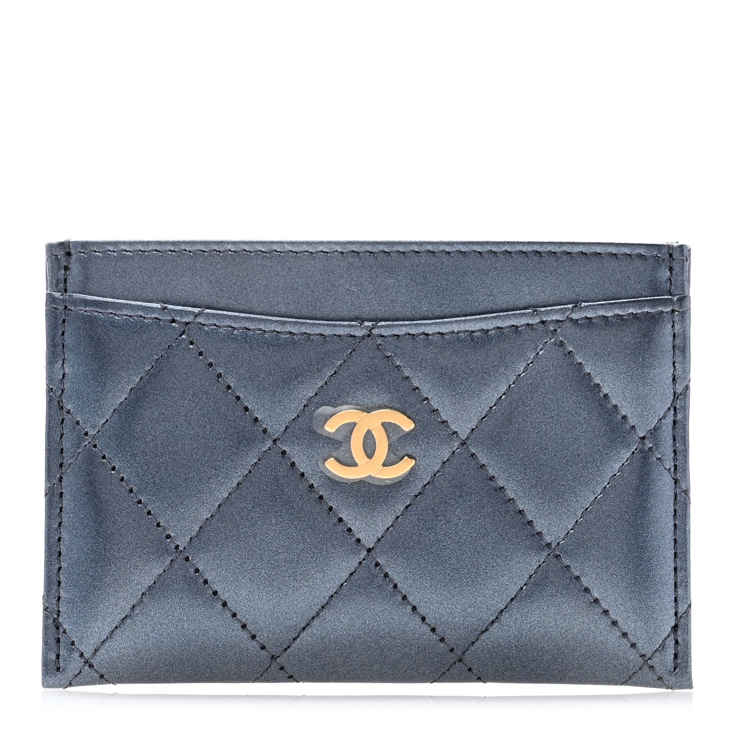 Metallic Lambskin Quilted Card Holder Dark Blue