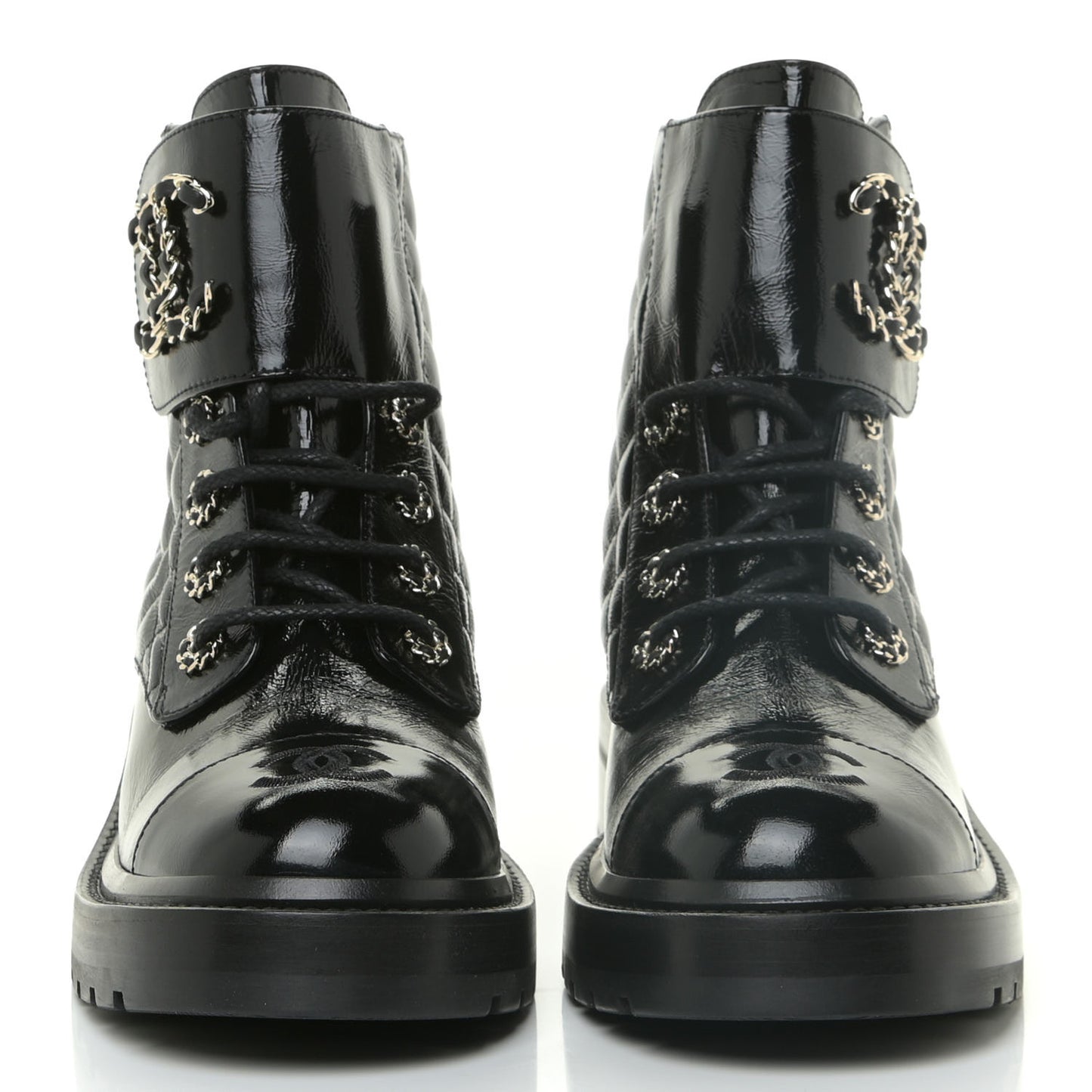 Shiny Calfskin Quilted Lace Up Combat Boots 36.5 Black