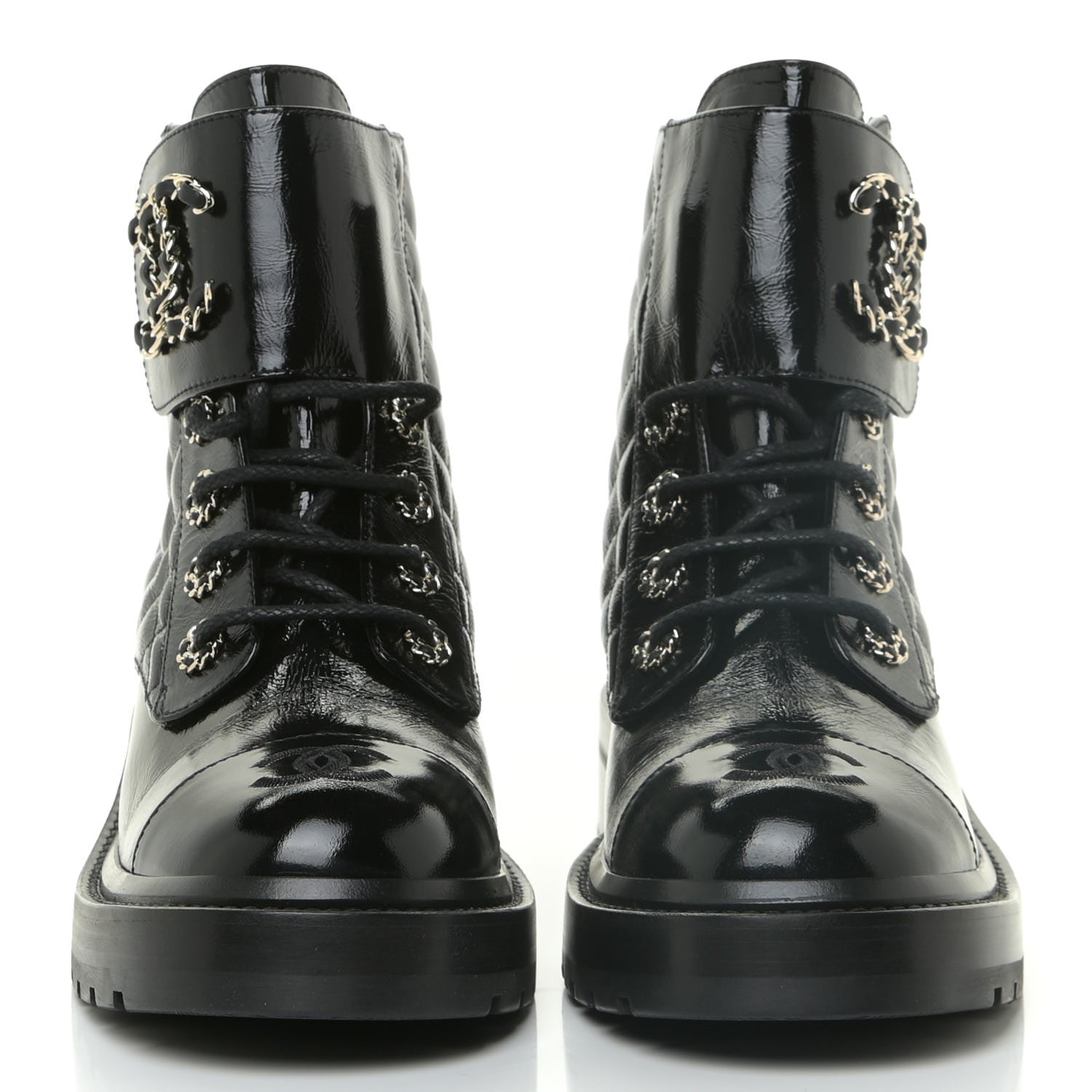 Chanel Shiny Calfskin Quilted Lace Up Combat Boots 36.5 Black 2 of 12