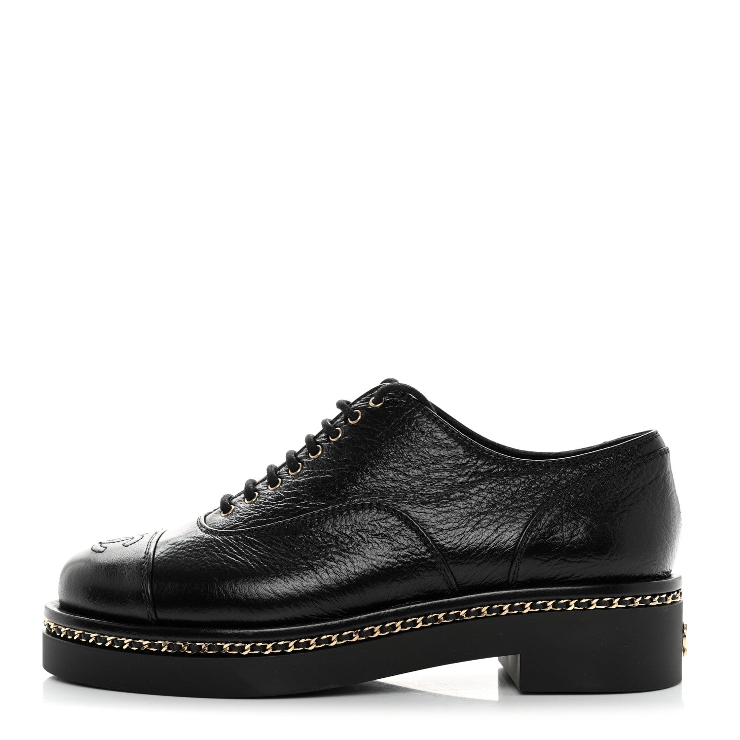 Chanel Shiny Crumpled Lambskin CC Lace Up Oxfords 36.5 Black 1 of 8