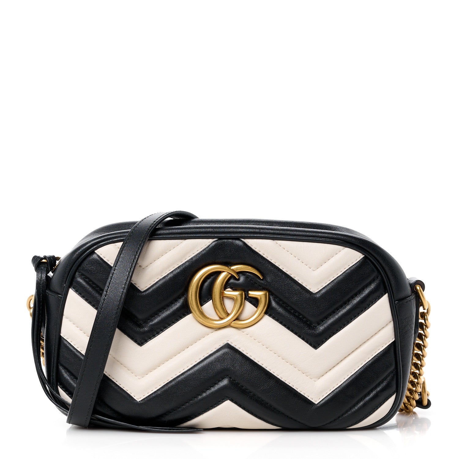 Gucci Calfskin Matelasse Small GG Marmont Chain Shoulder Bag Black White 1 of 11
