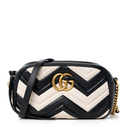Gucci Calfskin Matelasse Small GG Marmont Chain Shoulder Bag Black White 1 of 11