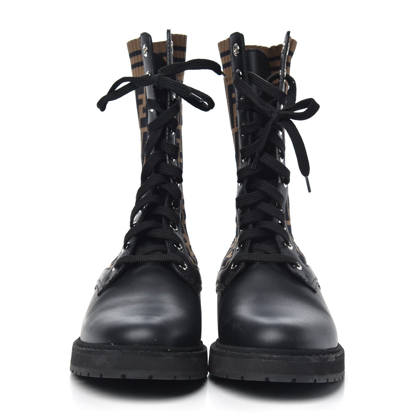 Calfskin Stretch Fabric FF Rockoko Biker Boots 38.5 Black Tobacco