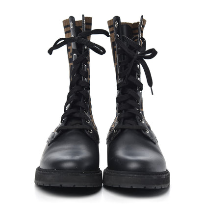 Fendi Calfskin Stretch Fabric FF Rockoko Biker Boots 38.5 Black Tobacco 2 of 9