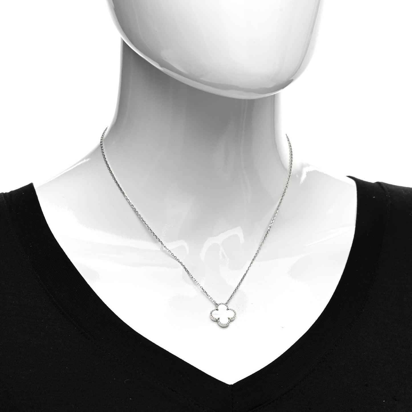 18K White Gold Mother Of Pearl Vintage Alhambra Pendant Necklace