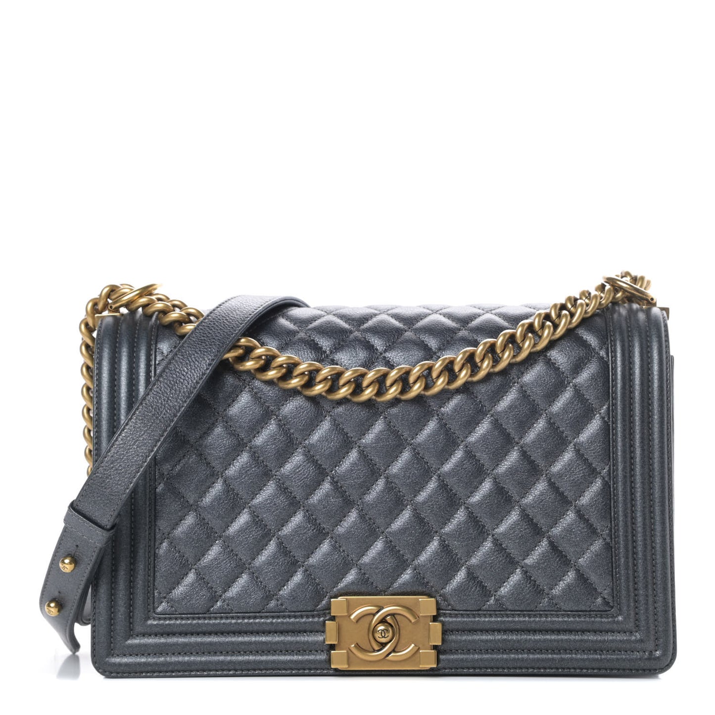 Metallic Calfskin Quilted New Medium Boy Flap Dark Grey