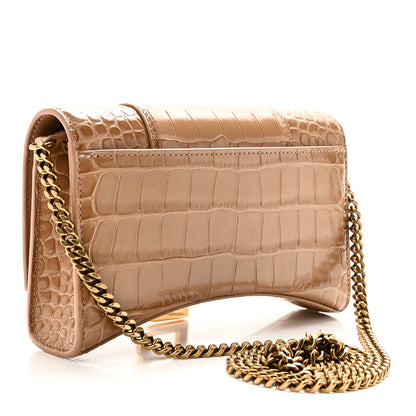 Balenciaga Shiny Calfskin Crocodile Embossed Hourglass Chain Bag Nude Beige 3 of 10