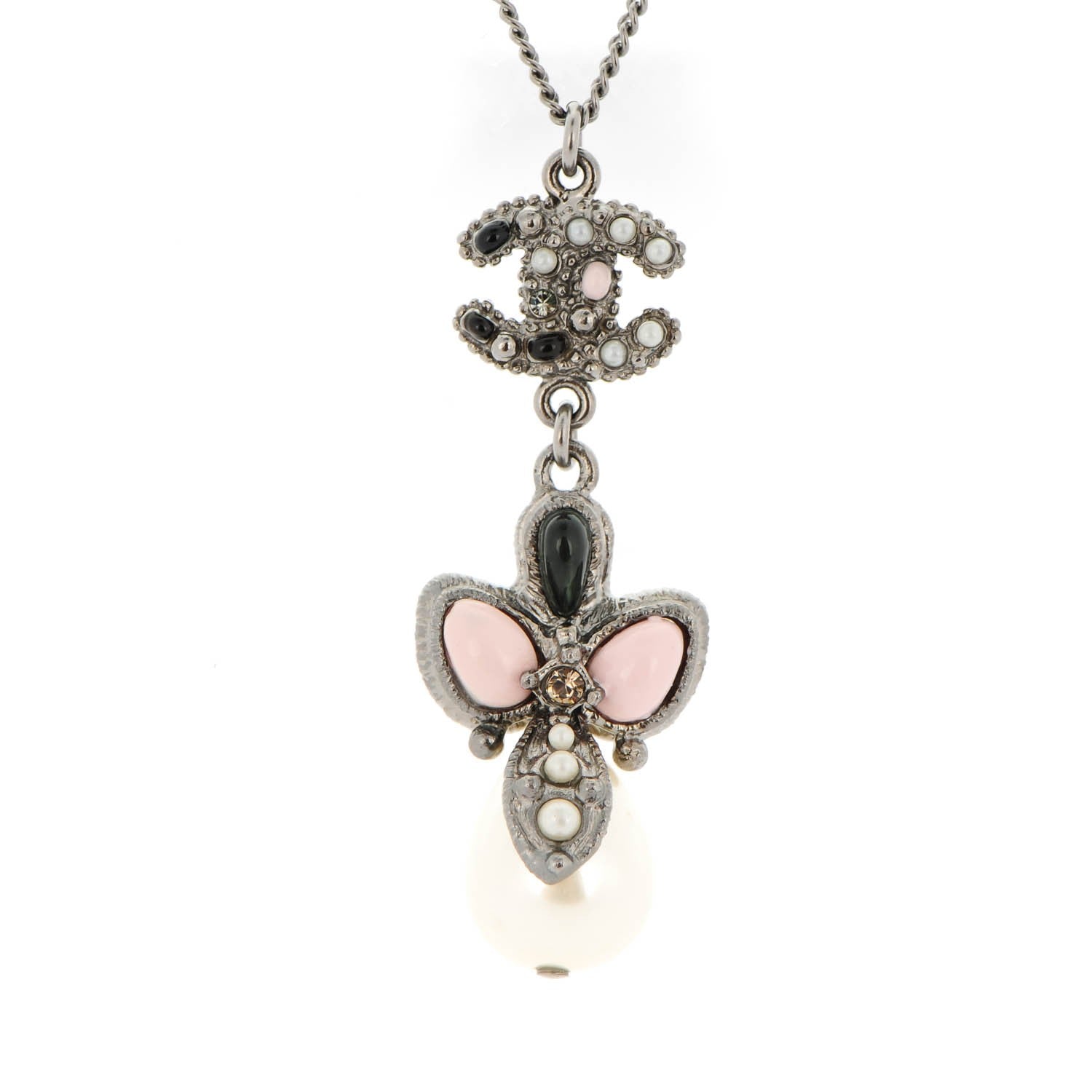 Chanel Enamel Pearl CC Pendant Necklace Silver 3 of 5