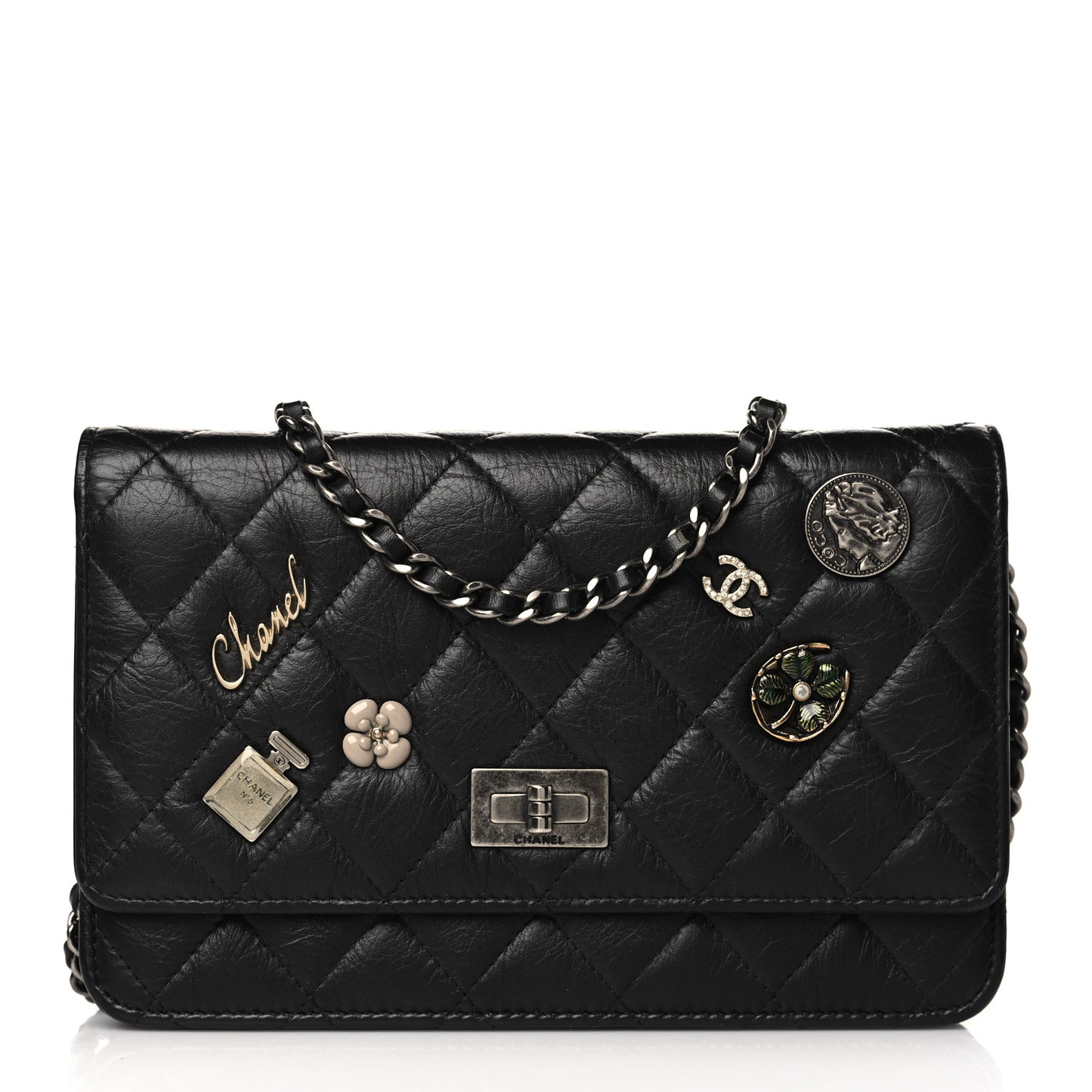 Aged Calfskin Quilted Lucky Charms 2.55 Reissue Wallet On Chain WOC Black