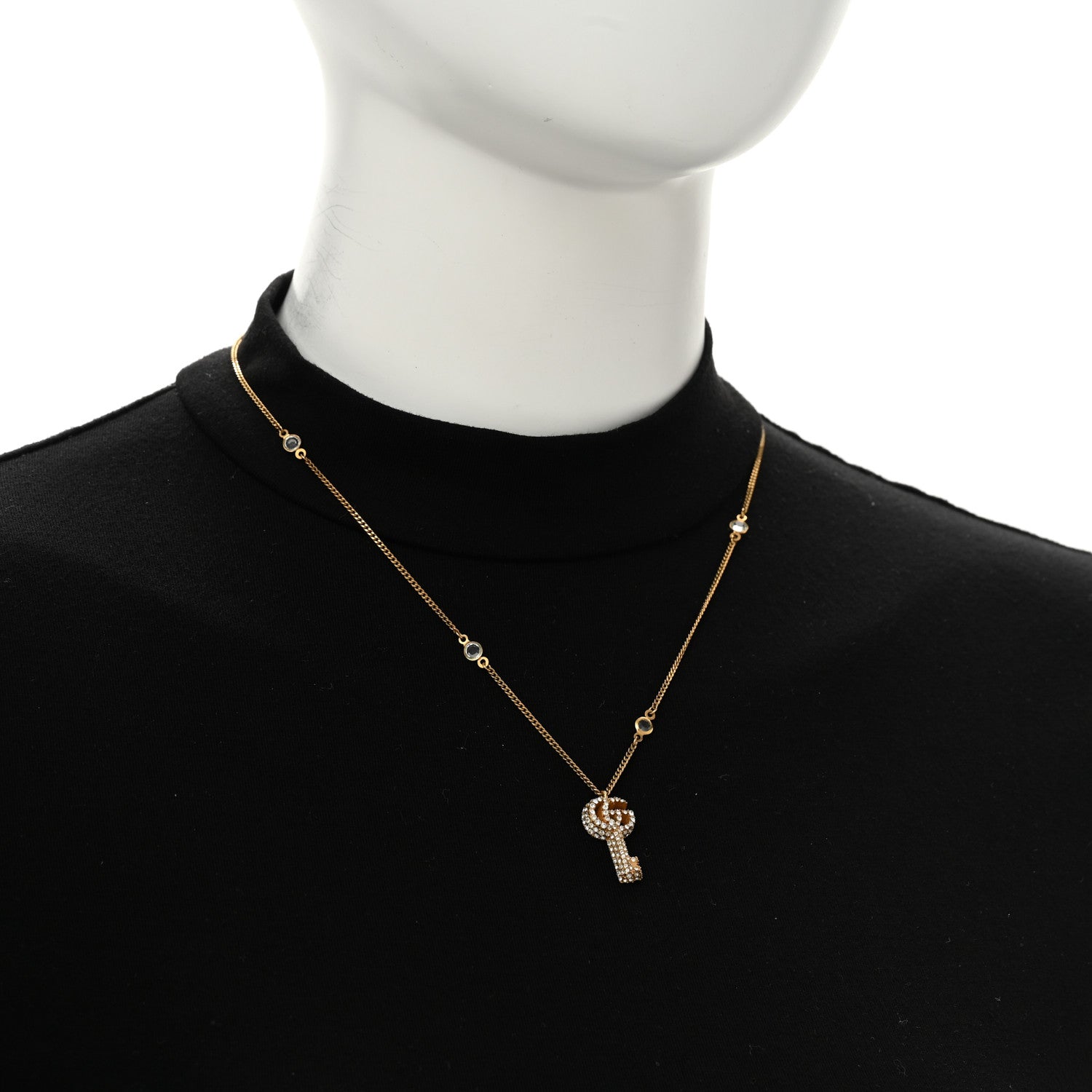 Gucci Metal Crystal Double G Key Pendant Necklace Gold 2 of 6