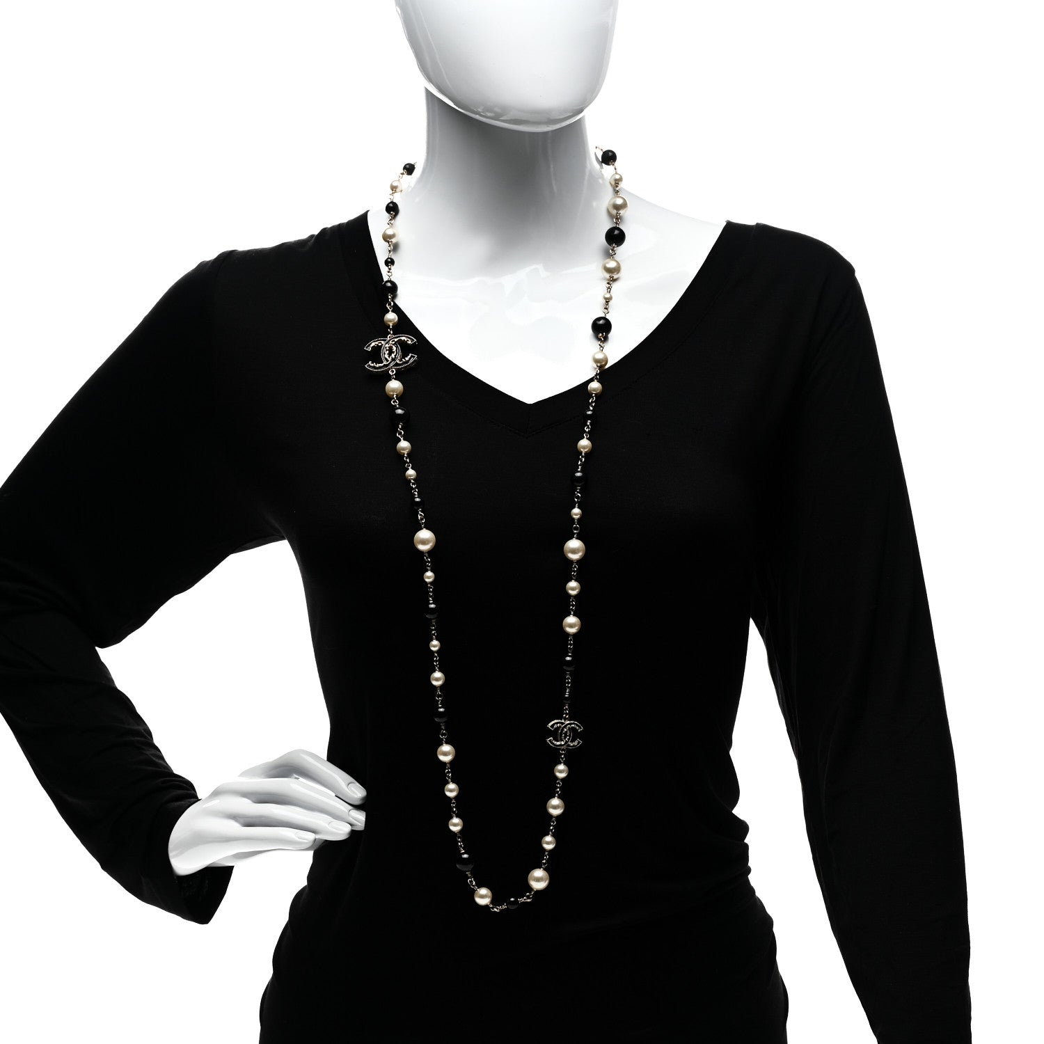 Chanel Pearl Beaded Crystal CC Long Necklace Gold Black White 2 of 5