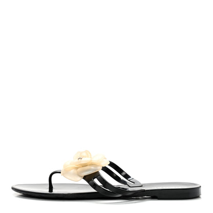 Chanel Jelly Camellia Thong Sandals 41 Black Ivory 1 of 12