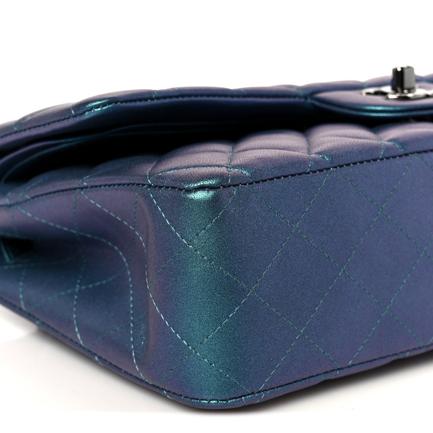 Metallic Lambskin Quilted Medium Double Flap Turquoise