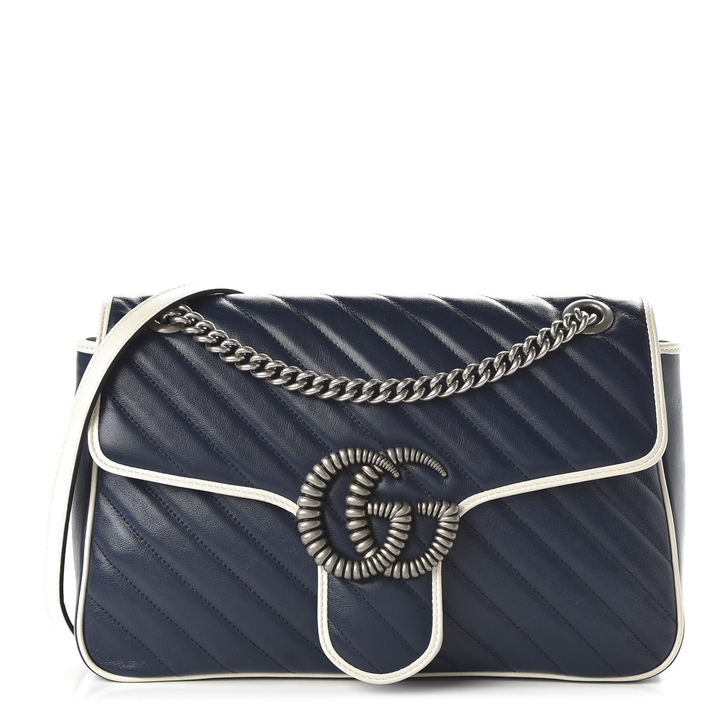 Vintage Effect Calfskin Matelasse Diagonal Medium Torchon GG Marmont Shoulder Bag Blue Agata Mystic White