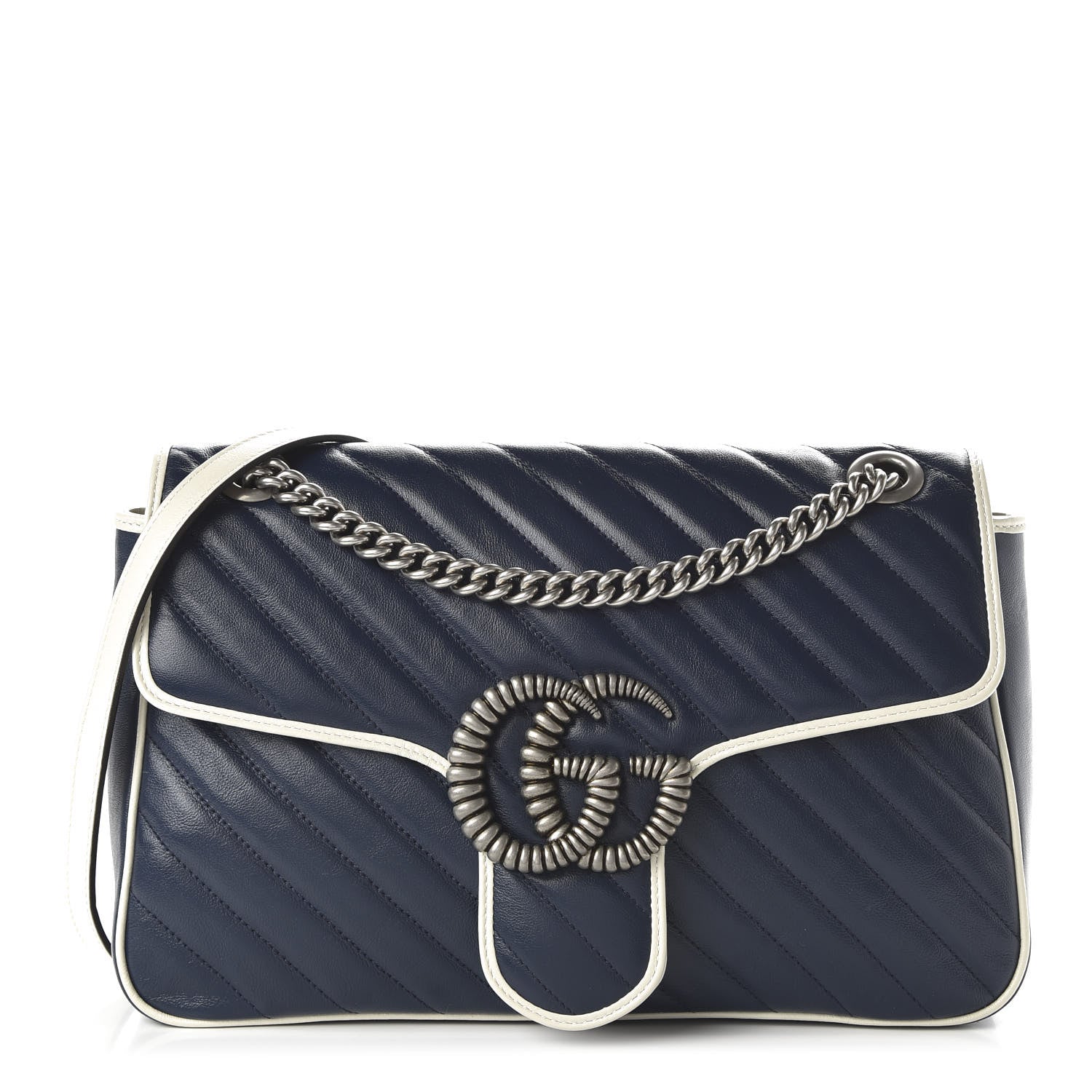 Gucci Vintage Effect Calfskin Matelasse Diagonal Medium Torchon GG Marmont Shoulder Bag Blue Agata Mystic White 1 of 10