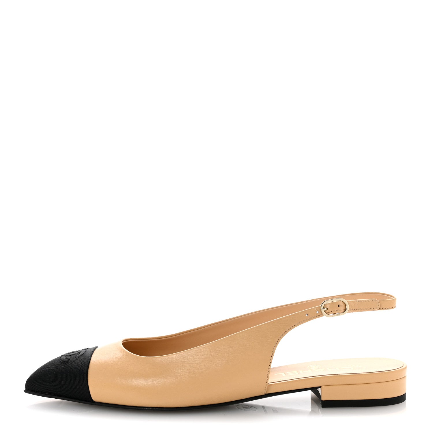 Chanel Goatskin Grosgrain Pointed Toe CC Slingback Flats 39.5 Beige Black 1 of 10