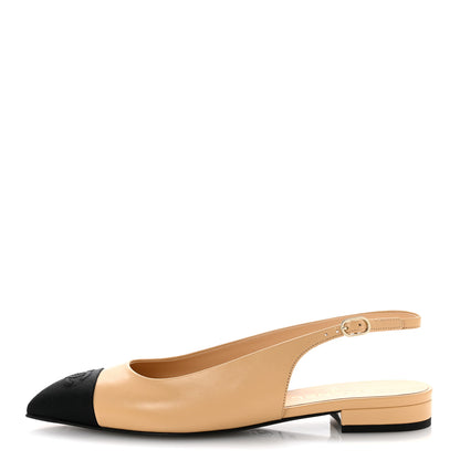 Chanel Goatskin Grosgrain Pointed Toe CC Slingback Flats 39.5 Beige Black 1 of 10