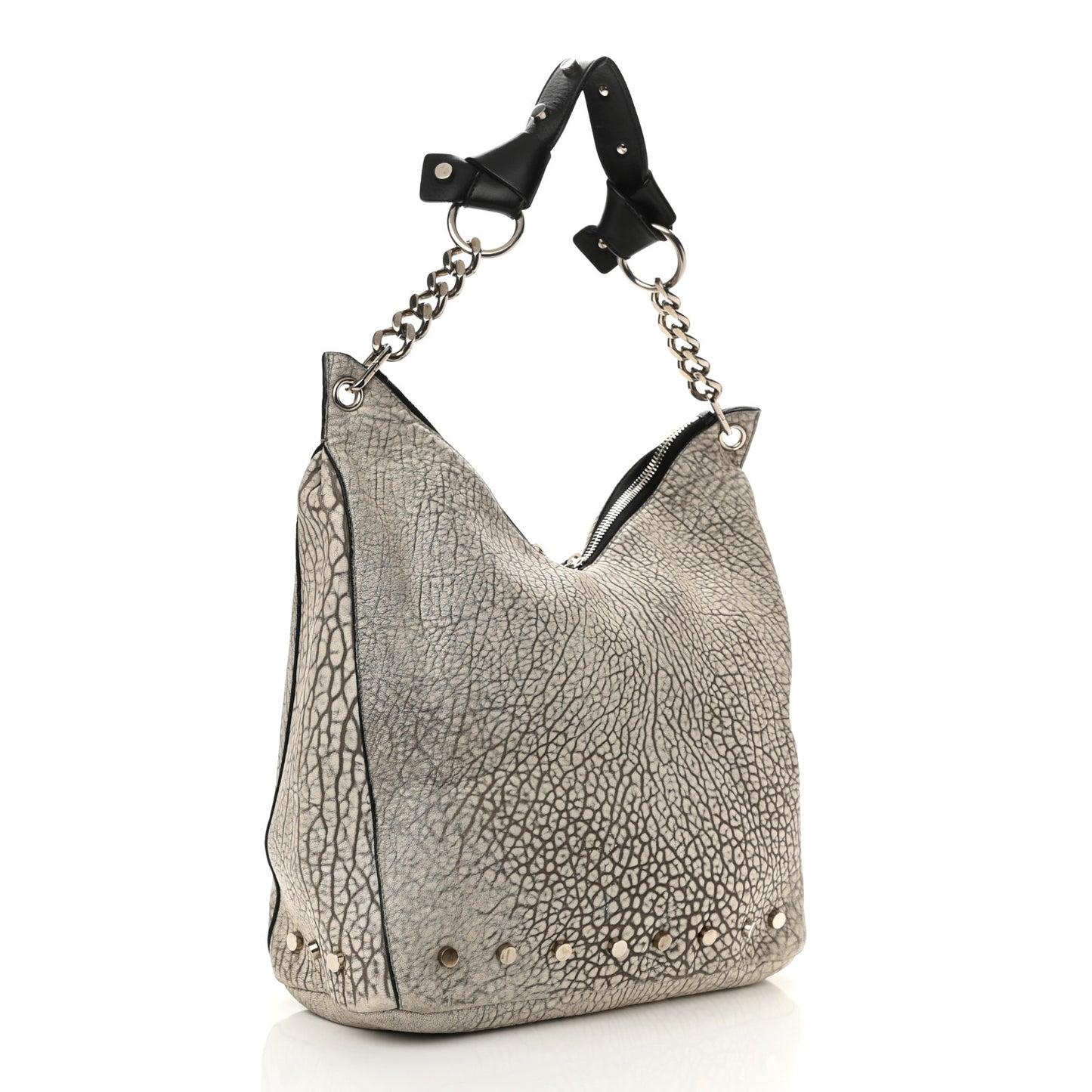Washed Grainy Lambskin Studded Raven Hobo White Black
