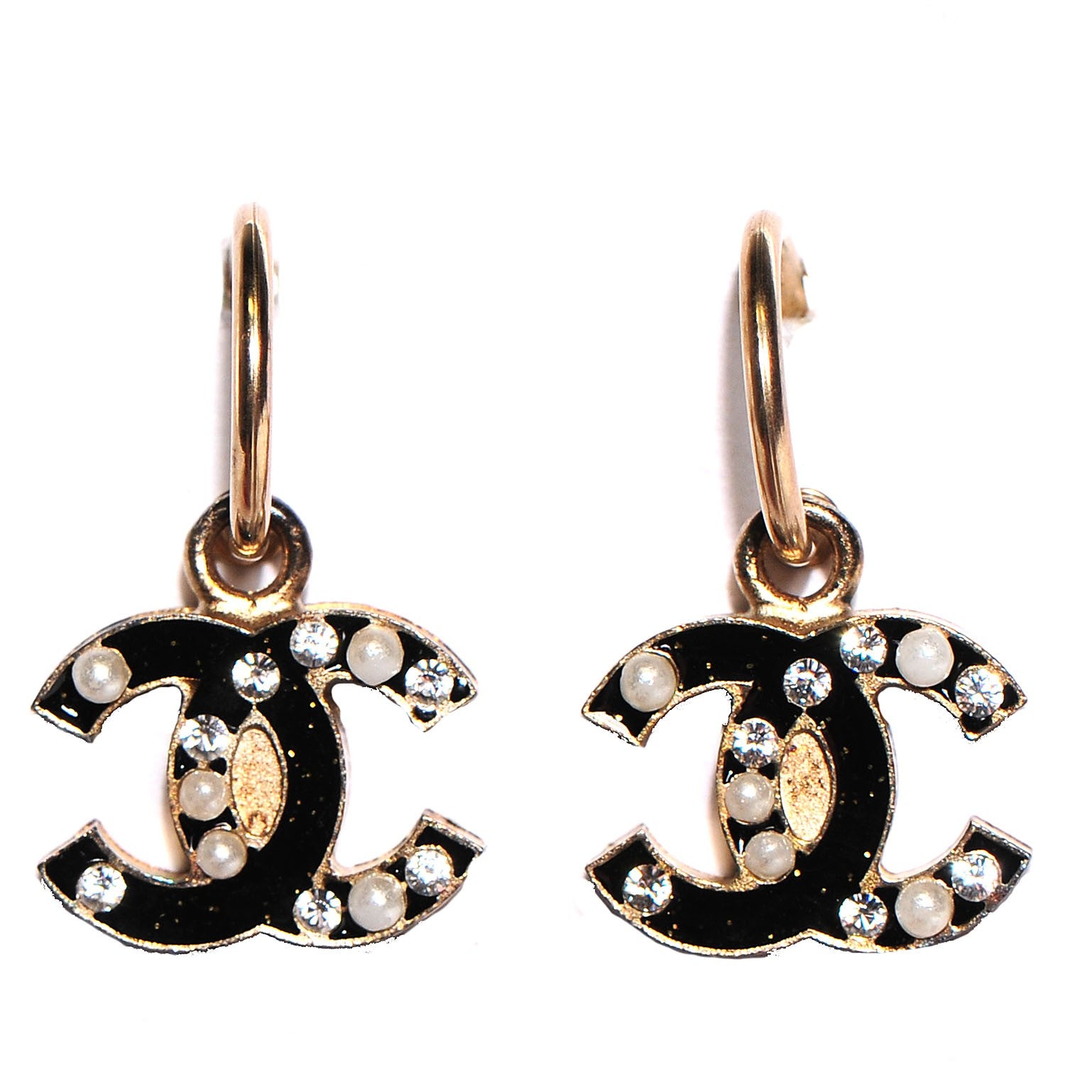 Chanel Pearl Crystal CC Drop Earrings Gold 1 of 5