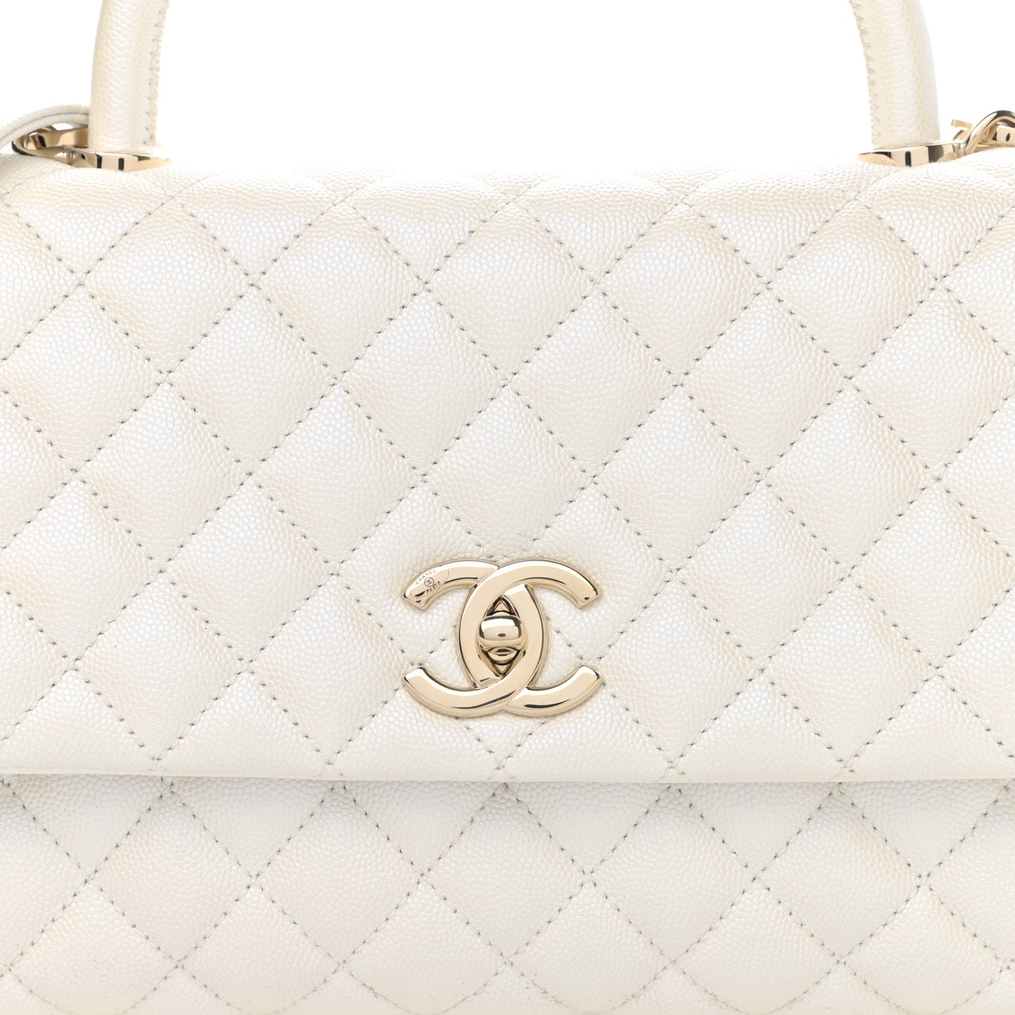 Iridescent Caviar Quilted Small Coco Handle Flap White