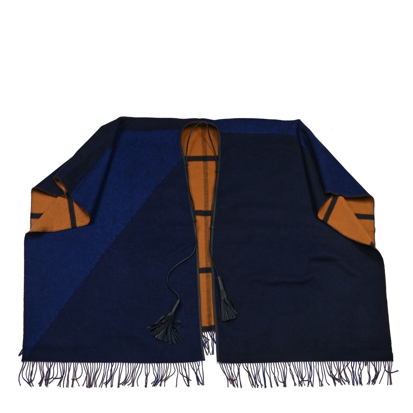 Wool Calfskin Reversible Highlands Poncho Navy Royal Fauve