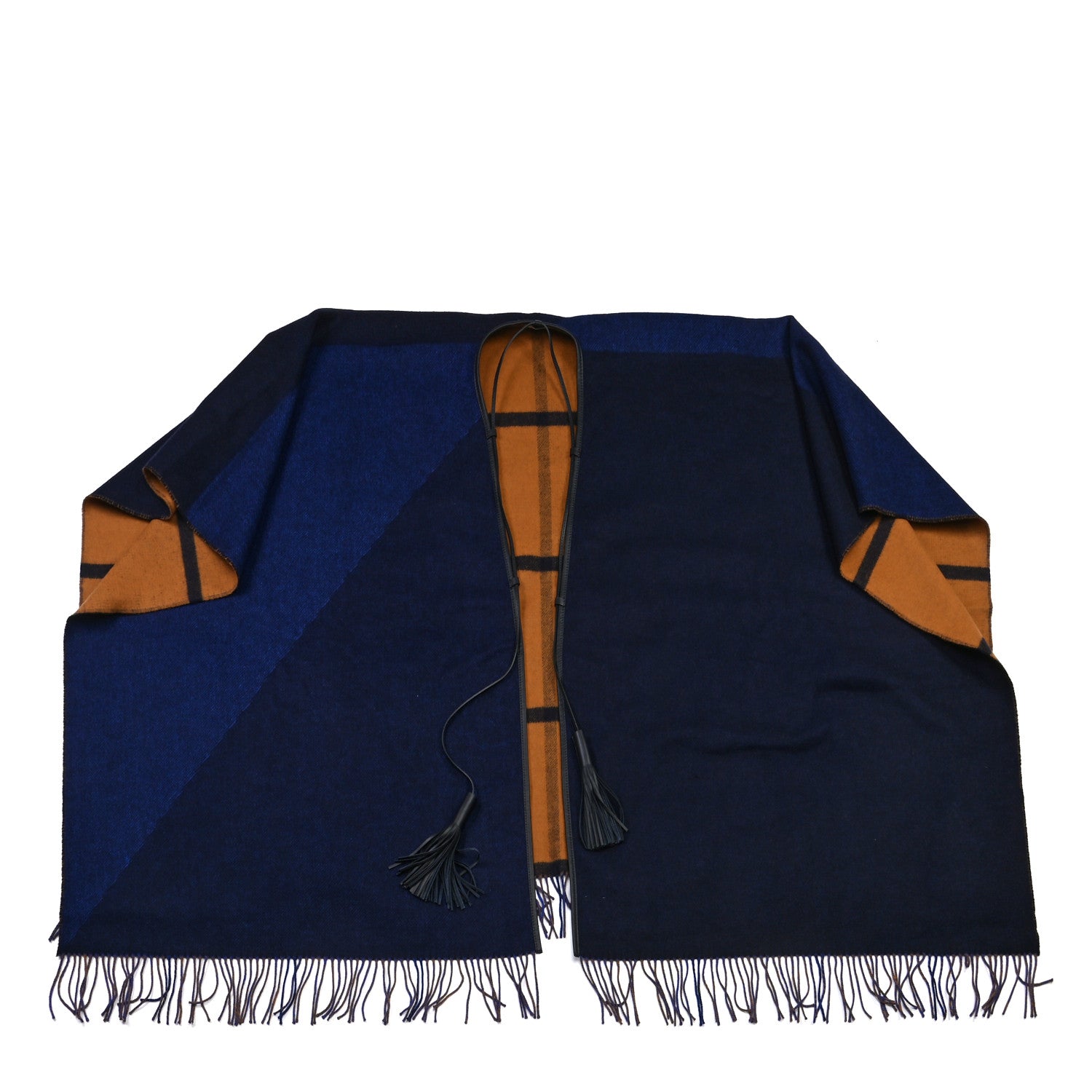 Hermes Wool Calfskin Reversible Highlands Poncho Navy Royal Fauve 1 of 7